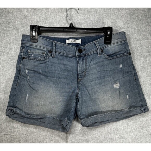 Ann Taylor LOFT Womens Size 4 Blue Denim Stretch Cuffed Raw Hem Jean Shorts - Picture 1 of 7